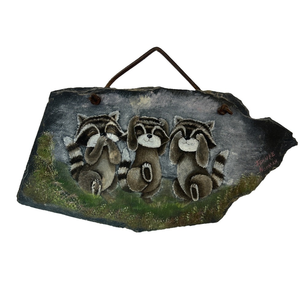 Hand Painted Raccoon Slate Plaque Rustic Wall Hanging Signed Art No Evil